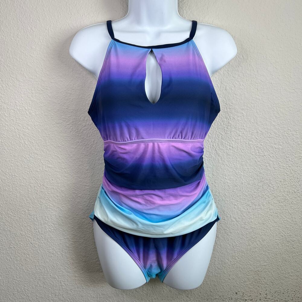 Company Ellen Tracy Blue Purple Ombre One Piece Swimsuit Women's 12 Keyhole